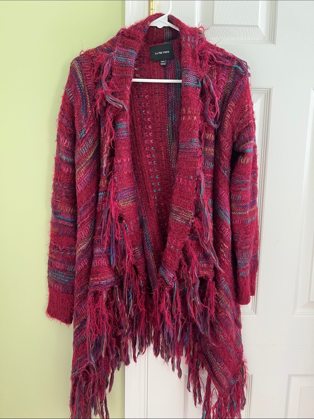 La Fee Verte Magenta Open-Front Fringe Knit Cardigan